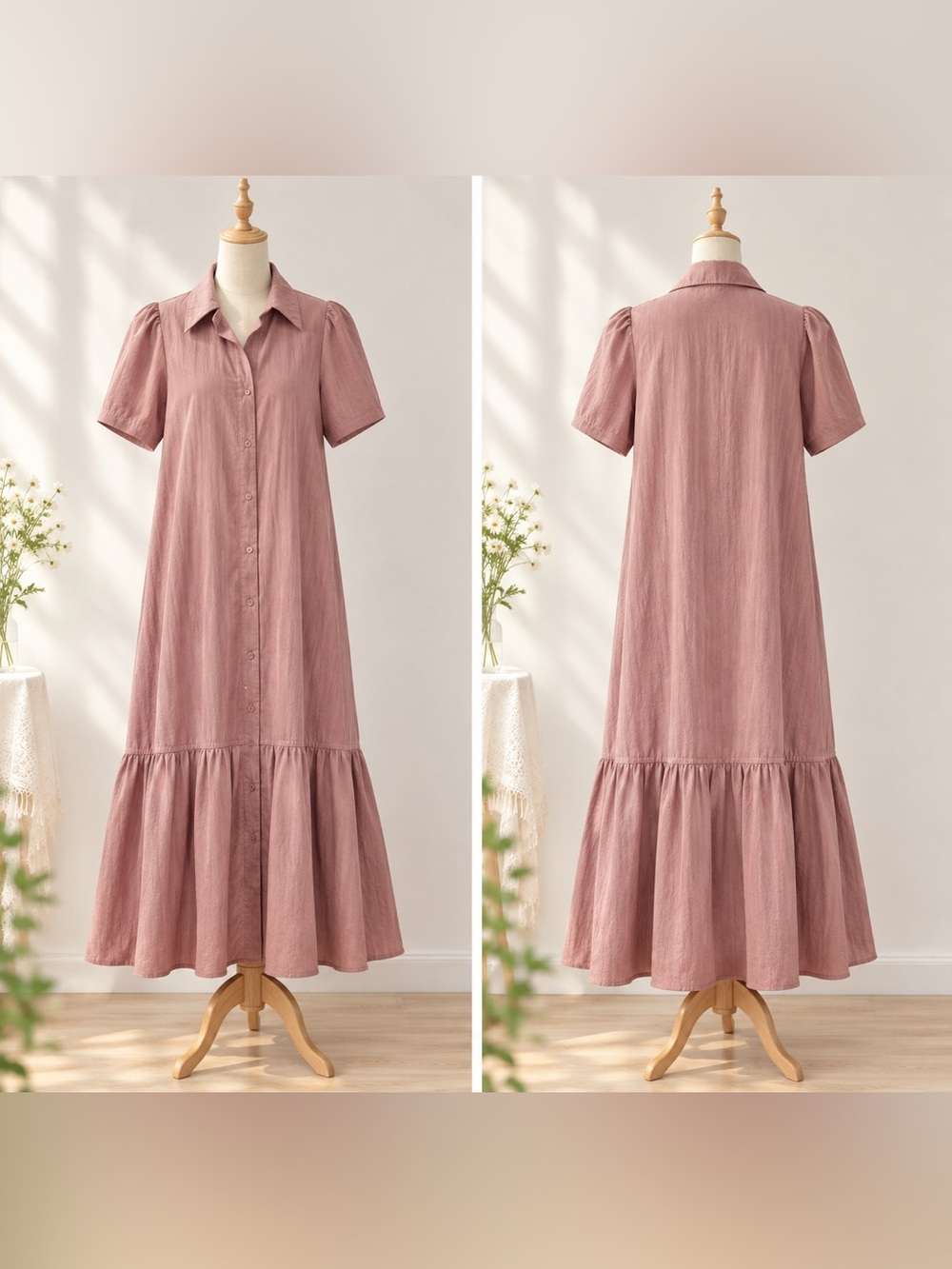 Dusty Rose Button-Front Tiered Maxi Dress